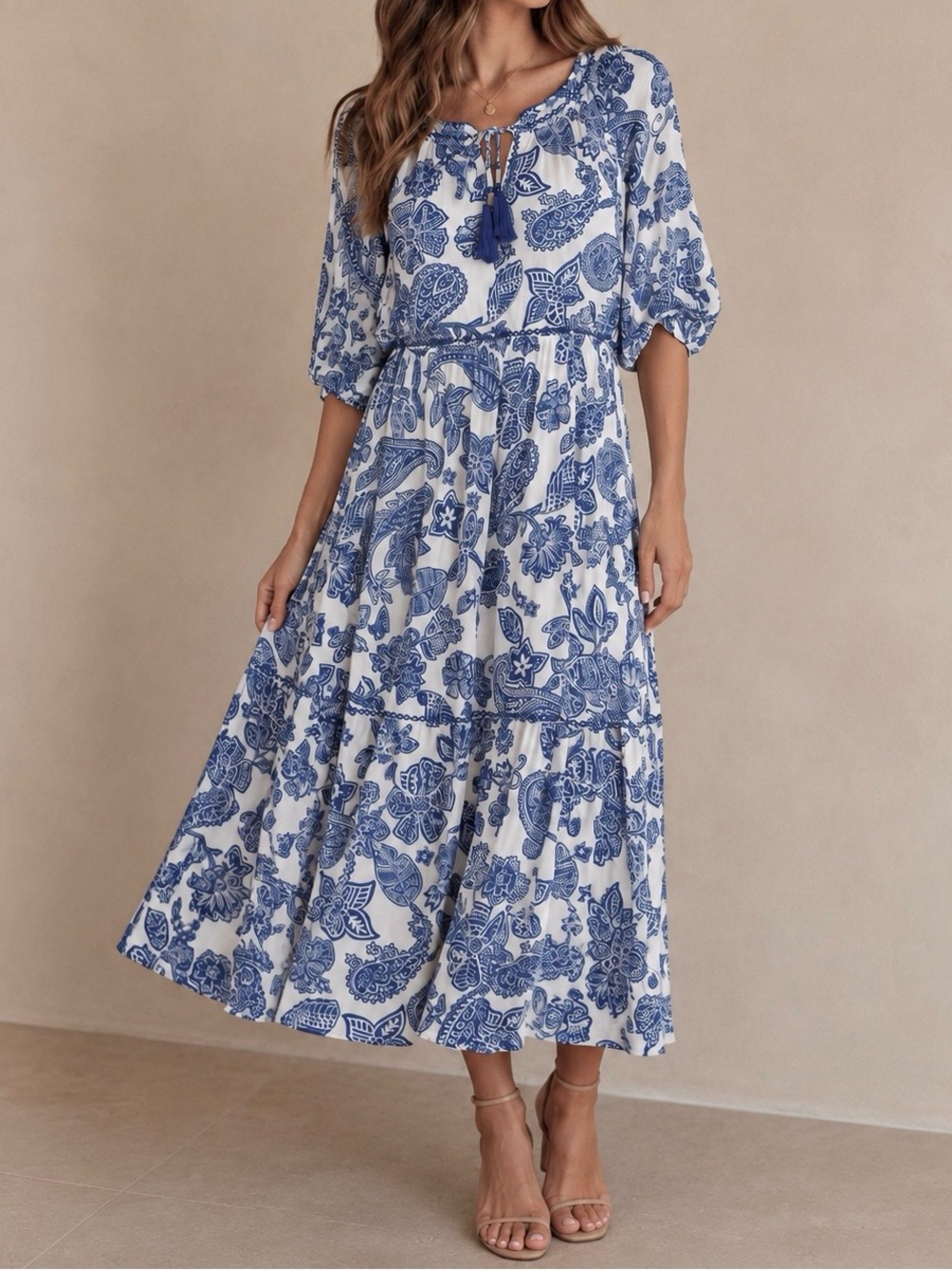 John Mark Paisley Tiered Embroidered Quarter Sleeve Blue White Boho Maxi Dress M